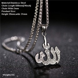 FIZIZDH Stainless Steel CZ Islamic Allah Pendant Necklace Muslim Islam Necklace,Unisex,24 inch Link Chain