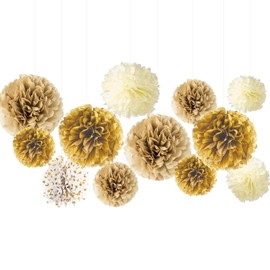 AIM & GGKK 12pcs 8"10"12" Paper Pompom Golden Gradient Gold Dot White Tissue Hanging Paper Pom Poms,Flower Ball Wedding Birthday Party Decoration