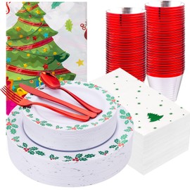 Gather 176Pcs Christmas Plastic Plates - Green Christmas Plates Disposable and Red Cutlery Set Includes 50 Plates 75 Plastic Silverware 25 Cups 25 Napkins and 1 Tablecloths for Christmas Party