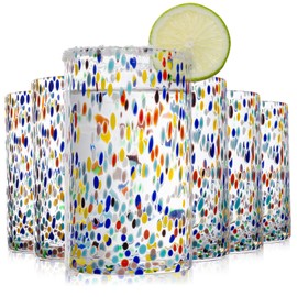 ZHENGYAOYANG Hand Blown Mexican Drinking Glasses, Confetti Rock Textured Design, Recycled Glass Tumblers, 16 Oz, Set of 6