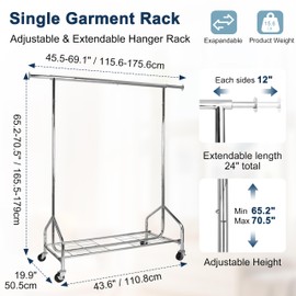 Whitmor Heavy Duty Clothes Rack, Rolling Garment Rack with Lockable Wheels, Adjustable & Extendable Metal Clothing Rack Shelves with Bottom Shelf, Max Load 450LBS for Hanging Clothes, Chrome
