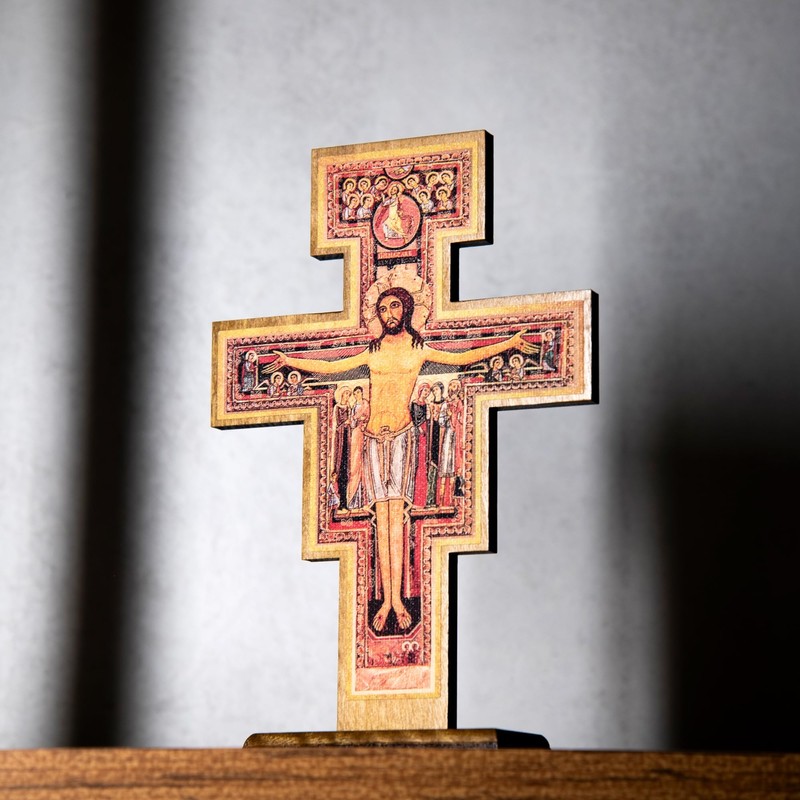 Intercession San Damiano Standing Wood Cross Crucifix