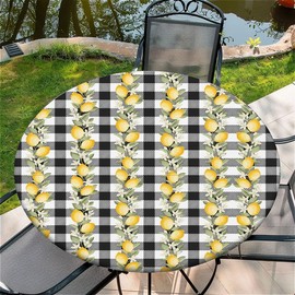 Outdoor Round Tablecloth with Elastic Band, Diameter 150 cm, Elastic Garden Tablecloth with Lemon Grid Pattern