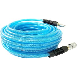 SANFU Polyurethane(PU) Reinforced 3/8”ID x 50ft Air Hose, Non-kinking with 3/8” Repaired Industrial Quick Coupler and Plug, Bend Restrictor, Transparent Blue(50’)