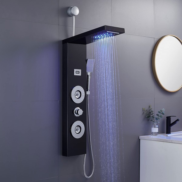 ROVOGO Retrofit Shower Panel with LED Rain Shower, 2 Body Jets and Handheld, Easy Connect Shower Tower Column with Temperature Display, Black