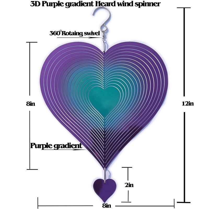 DJUAN Wind Spinner Purple-Green Gradient Love Heart 3D Metal Hanging