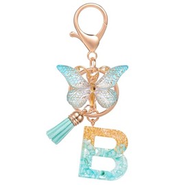 MWOOT Initial Letter B Keychain Key Ring,Cute Alphabet Gold Foil Resin Letter Keyring Charm with Butterfly Tassel Pendant,Fashion Green Keyrings for Women Adult Gift Purse Backpack Handbag Decor(B)