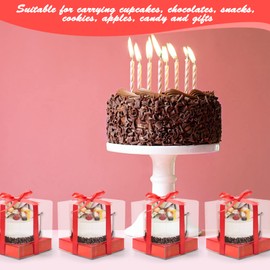 Anglecai 12 Pack Clear Plastic Cupcake Boxes, 3.5 Inch Gold Single Cupcake Containers Disposable Individual Cup Cake Carrier Holder Boxes with Inserts and Ribbon (Red)