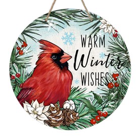 Deroro Warm Winter Wishes Cardinal Front Door Sign, Red Bird Pine Needle Wood Door Hanger Outdoor Porch Decor, Christmas Seasonal Poinsettia Pine Cone Wooden Wreath Indoor Wall Hanging Decoration
