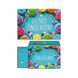 JuNa-Experten 12 Invitation Cards Including 12 Envelopes for Children's Birthday Girls Boys Muffins Cupcake Invitations for Birthday