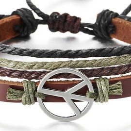 COOLSTEELANDBEYOND Anti-War Sign, Multi-Strand Bracelet, Leather Wrap Sweatband Bracelet, Brown Leather, Men Women, Leather and cotton rope and wood, No gemstone
