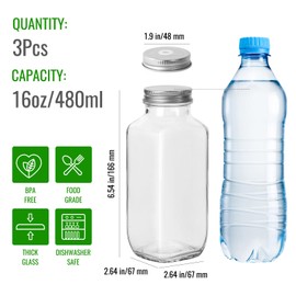 BIGIVACA 16 oz Glass Juice Bottles with Lids and Straws - 3 Pack Glass Bottles for Juicing - Reusable Drinking Jars Cups for Smoothies, Travel, Storage