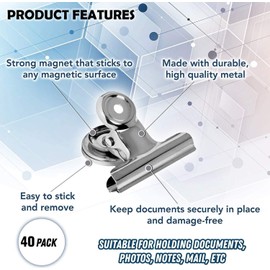 GRTARD Magnetic Clips 40 Pack Fridge Magnets Clips Magnetic Hooks Clips, Strong Refrigerator Magnets Clips, Whiteboard Magnetic Clips, 1.2 Inch