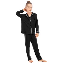 Veseacky Unisex Girls Boys Long Sleeve Sleepwear Button Down 2 Piece Pajama Set for 5-14 Years, black