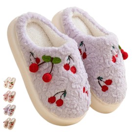Cherry Slippers for Women Indoor Comfy Winter Warm House Slides Shoes Cute Womens Slippers Fuzzy Plush Slippers Soft Thick Soled Slippers Non Slip Cozy Home Bedroom Slippers (7.5-8.5 Women/6-7 Men,Purple,7.5,Women,9,Men,Medium,6,7.5)