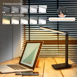 Jumoking Desk Lamp, LED Table Lamp, Dimmable Desk Lamp with 5 Colours and 5 Brightness Levels, with USB Charging Port, Eye Protection, Touch Control, for Bedroom, Reading, Offices (Black Pro)