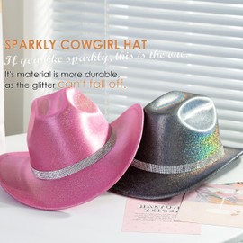 Gossifan Women Men Wide Brim Cowboy Hats with Rhinestone Buckle for Party Disco Sparkly Cowgirl Hat-Rose