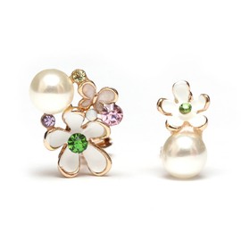 Idin Jewellery White faux pearl and flower asymmetry different shape crystal clip on earrings