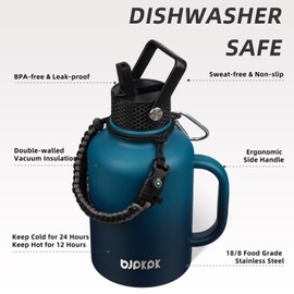 BJPKPK Large Insulated Water Bottles with Straw Lid & Handle, 50oz, 64oz, 87oz, 128oz Water Bottle with 3 Lids and Paracord Strap, Stainless Steel Metal Water Bottle, Insulated Water Jug, Vast