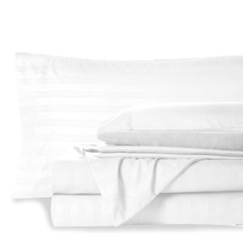 Mocassi Queen Stripe Sheet Set - Luxury Hotel 1800 Premier Bedding Sheets & Pillowcases - Ultra Soft Breathable & Cooling Bed Sheets - Wrinkle Resistant - 6 Piece Set - Queen, White