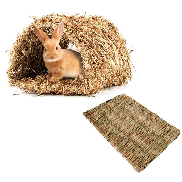 Hamiledyi Rabbit Grass Tunnel,Natural Straw Woven Mat Winter Warm Hideaway Hut for Bunny Gerbil Ferrets Guinea Pig Chinchilla