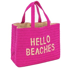 Hello Beaches: beach bags for women vacation. A packable straw bag that folds flat. A large tote bag are beach essentials. Use as a travel beach bag. Take this Beach Tote Bag on Vacation