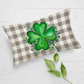 Smilyard St. Patrick's Day Lumbar Pillow Covers 12x20 Inch Grey Buffalo Plaid Check Green Clovers Lucky Shamrock Home Decor Throw Pillow Cases Leaves Spring Farmhouse Decoration Cushion Cover