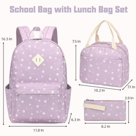 Lrenagao Flowers School Backpack for Girls, 3PCS Bookbags Set with Lunch Box Pencil Pouch Elementary Middle School Bag Laptop Back Packs (Daisy Purple)