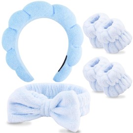 SPA Headbands for Washing Face Makeup Headbands with Bow Hair Band Women Facial Head Band Wrist Towel Wraps For Shower Face Mask Blue, 6 Pack