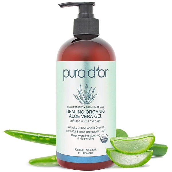 PURA D'OR Dor Organic Aloe Vera Gel 16oz Original Lavender for Face, Skin & Hair