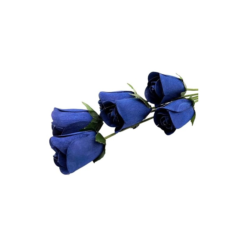 6 Navy Blue Half Open Bud Wooden Roses for Crafts