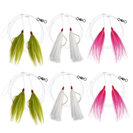 Fishing Bait Rigs Saltwater Flounder Rigs with Bucktail Mylar Teaser Rigs Sea Bass Hi/Lo Fishing Rigs Mylar Bucktail Teasers Hook Rig for Bass Surf Ocean Fishing(Bucktail-6pcs)