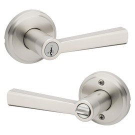 Kwikset Trafford Entry Door Handle with Lock and Key, Secure Keyed Reversible Lever Exterior, for Front Entrance and Bedrooms, Satin Nickel, Pick Resistant Smartkey Rekey Security and Microban