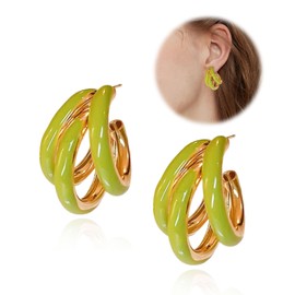 Huggie Hoop Earrings for Women, 14k Gold Plated Green Enamel Chunky Triple Hoop Earrings Hypoallergenic Three Open Hoop Trendy Jewelry for Valentine's Day Birthday Gifts