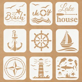 9 Pcs Compass Anchor Stencils for Painting Reusable Plastic 6×6 Inch Nautical Theme Stencils Drawing Templates for Crafts DIY Wall Canvas Notebook Knit Card Wood