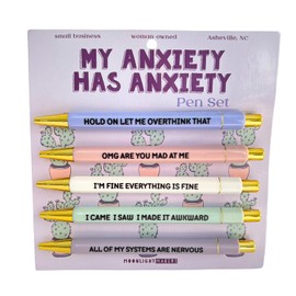 Moonlight Makers My Anxiety Has Anxiety Ballpoint Pens - Set of 5 Black Ink Pens - Funny Pens for Coworkers, Cute Pens, Office Desk Accessories, Snarky Best Friend Gifts