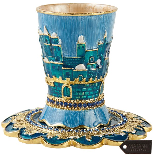 Matashi Hand-Painted Enamel Tall 5" Kiddush Cup Set with Stem