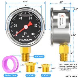 MEANLIN MEASURE 0~100Psi Stainless Steel 1/8" NPT 1.5" FACE DIAL, Glycerin Filled Pressure Gauge, Liquid Filled, Lower Mount(Black) with 1/4" NPT and 3/8" NPT Hex Bushing