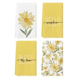Artoid Mode - Juego de 4 toallas de cocina de primavera con diseño de margarita, color amarillo, Hello Sunshine Daisy Bless This Home - Juego de 4 toallas de cocina para decoración de verano de