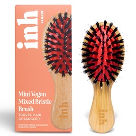 INH Mini Boar Bristle Hair Brush | Smoothing Detangler Brush with Soft Vegan Mixed Bristles for Wet & Dry Hair | Travel Size Detangling Anti-Frizz Wood Paddle Brush for Wig, Human & Synthetic Hair
