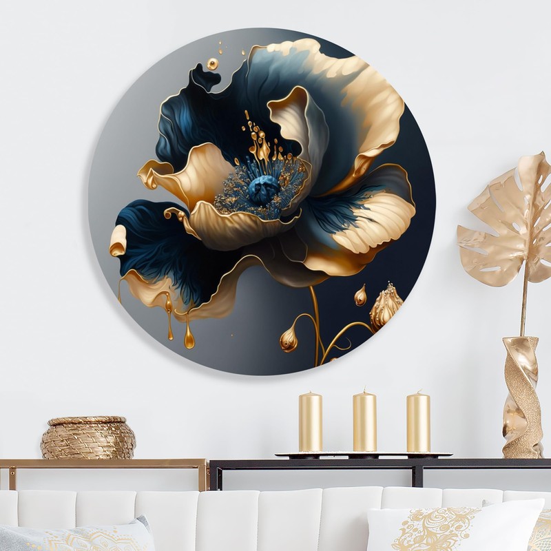 DesignQ Round Metal wall art, Deep Blue and Gold Blossom
