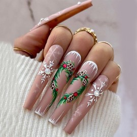 Christmas Press on Nails Long Coffin Winter Fake Nails Pink Matte Full Cover White Snow False Nails with Holly Designs Rhinestones Glue on Nails Acrylic Manicure Artificial Nails for Women Girls 24Pcs