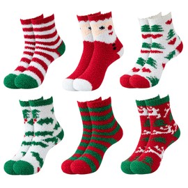 CLOOOUDS Women Christmas Fuzzy Socks, Fluffy Socks,Winter Warm Cozy Striped Socks, Crew Socks,Adult Home Slipper Socks,6 Pairs