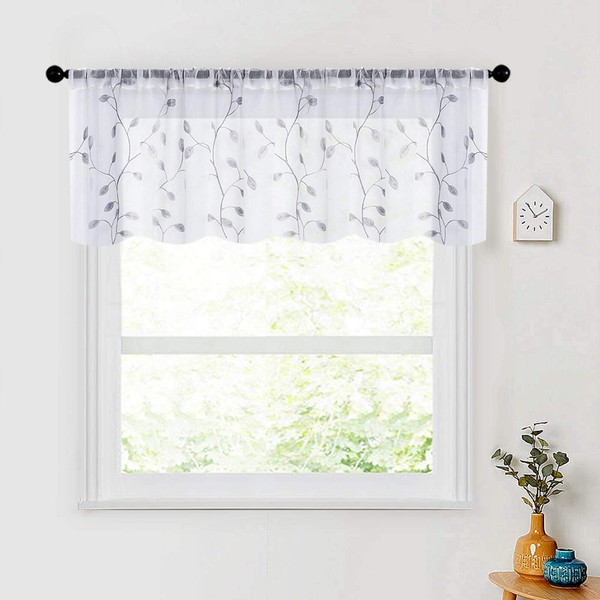 MRTREES Sheer Voile Curtain Valances, Leaves Embroidered Valance Curtains Rod Pocket, Small Sheer Window Curtains Treatment for Bedroom/Living Room/Kitchen/Basement(1 Panel, 54x16 Inches, Grey Leaves)