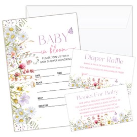 HQLOW Butterfly Baby in Bloom 25 Baby Shower Invitations with Envelopes, Diaper Raffle Cards, Book Cards for Baby Gender Reveal Party -02