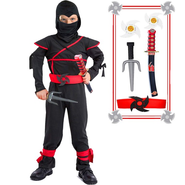 SATKULL Kids Ninja Costume with Halloween Ninja Accessories for Boys Dress up Best Gifts(kids-XL-10/12T) Black