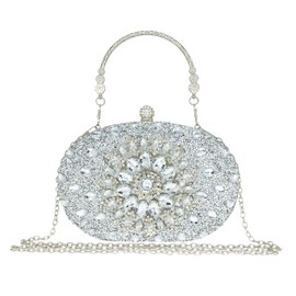 MAIRLOM - Monederos de embrague con diamantes de imitación para mujer, formal de noche, boda, bolso redondo con cierre de perla, bolsa de diamantes de vidrio, Embrague plateado