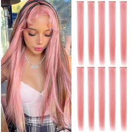 MOSCSMDY Pack of 10 Hair Extensions Wig Pieces Clip in Coloured Hair Extensions for Adults Colourful Hairpieces Party Highlights Multiple Colours (Pink Smoke)
