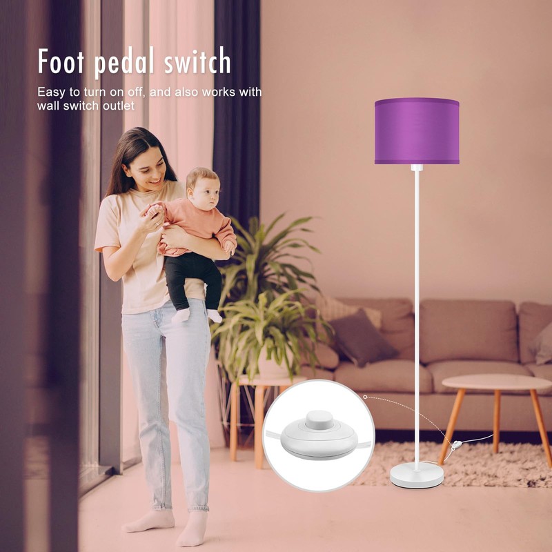 Modern White Floor Lamp with Purple Lampshade, 59" Tall, Foot