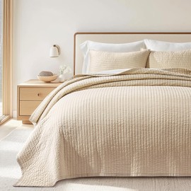 EVERGRACEHOME Cotton Sateen Quilt Set King Size, Pre-Washed Oversized Cotton Channel Stitch Coverlet Bedspread, 3 Pieces Lightweight Bedding Sets for All Season, with 2 Pillow Shams, Light Sand